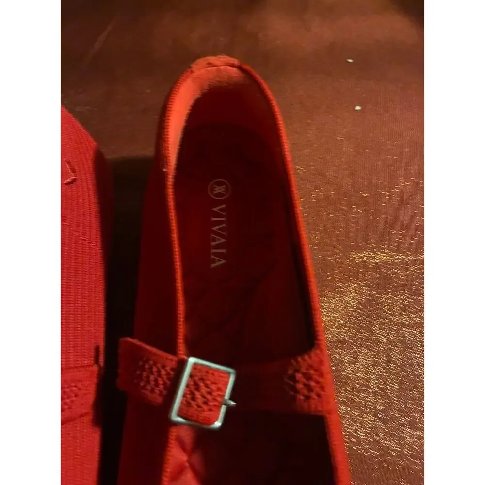 VIVAIA Shoes Womens 39.5 Mary Jane Knit Flats Red Square Toe Elastic Strap